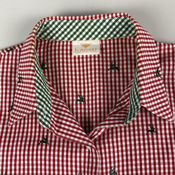 h. moser Salzberg Red Gingham Reindeer Button Front Shirt, Size EU 42/L - Picture 2 of 12